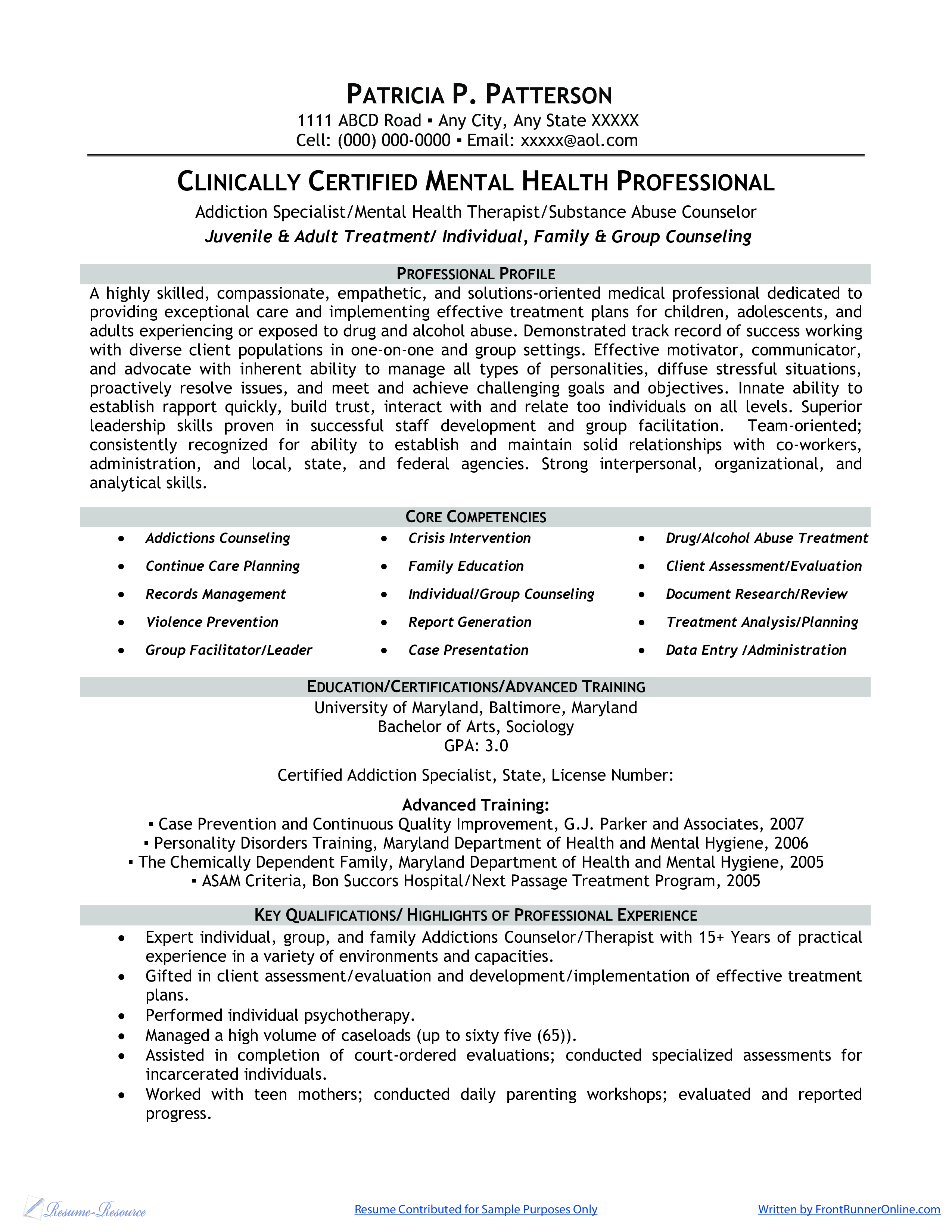 Clinically Certified Mental Health Professional Resume main image