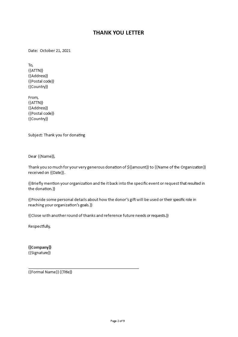 donation thank you letter format voorbeeld afbeelding 