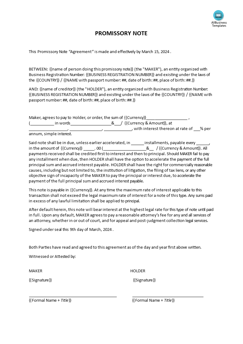 promissory note template