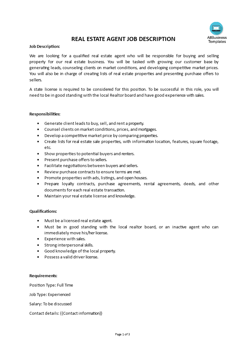 real estate agent job description template