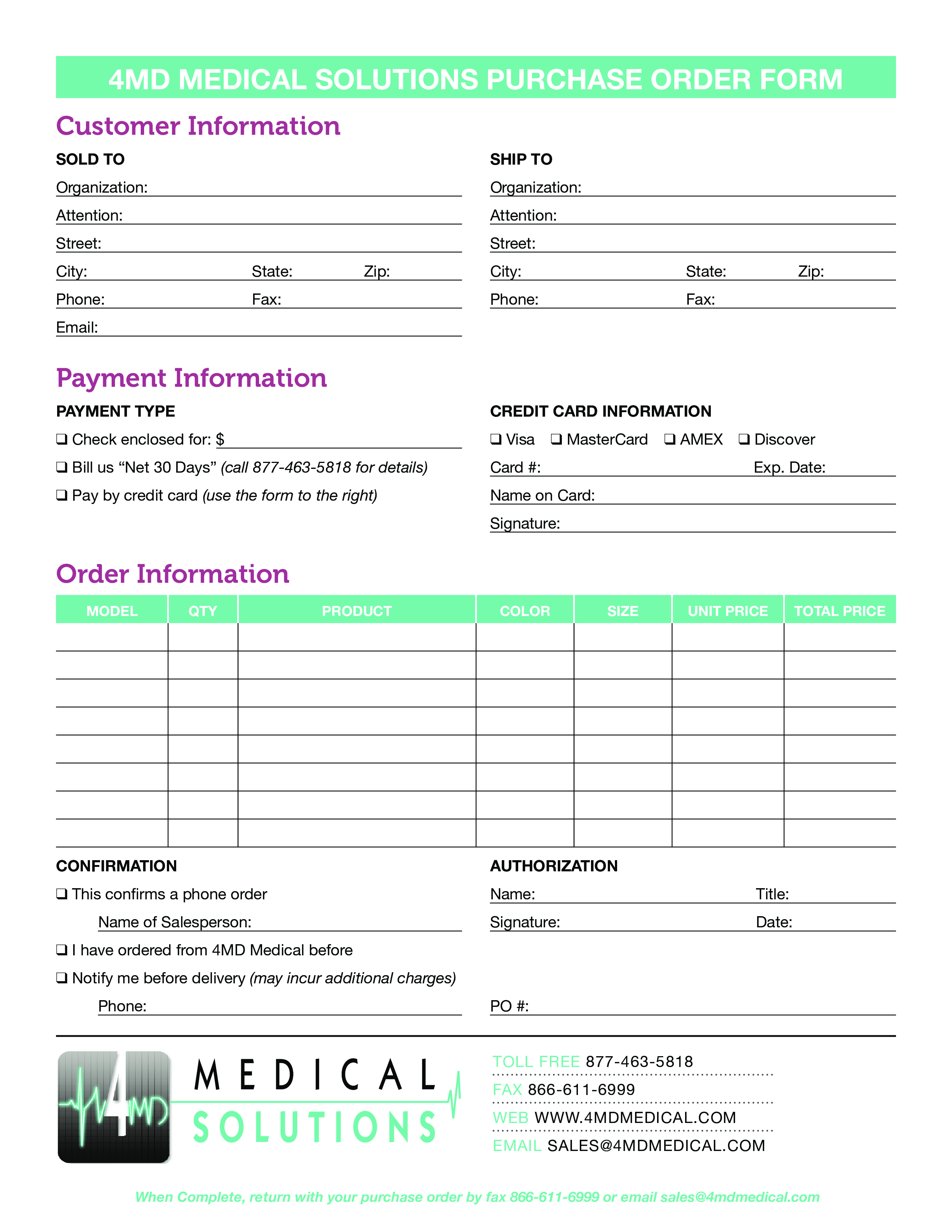 Kostenloses Medical Purchase Order Form In Order Form With Credit Card Template