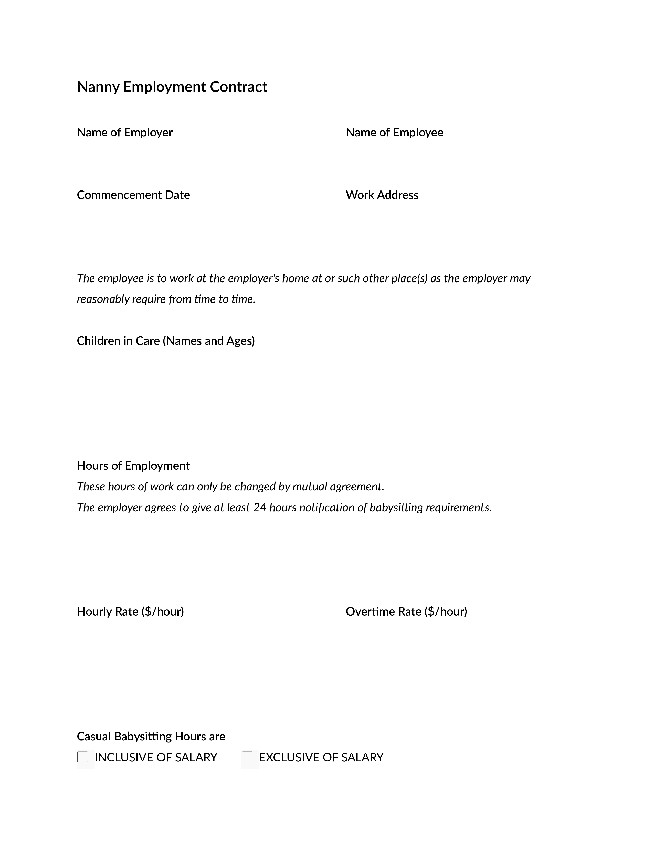 nanny employment contract sample template