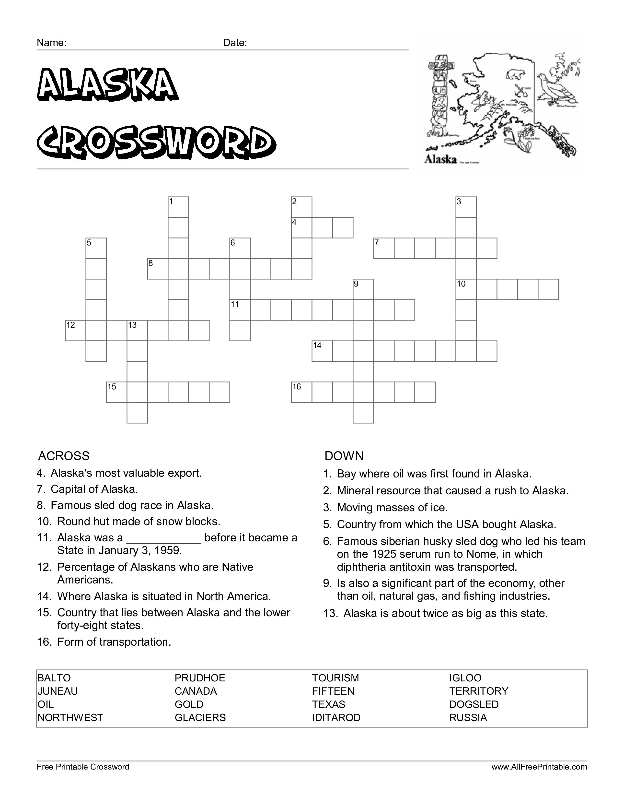 free alaska crossword templates at