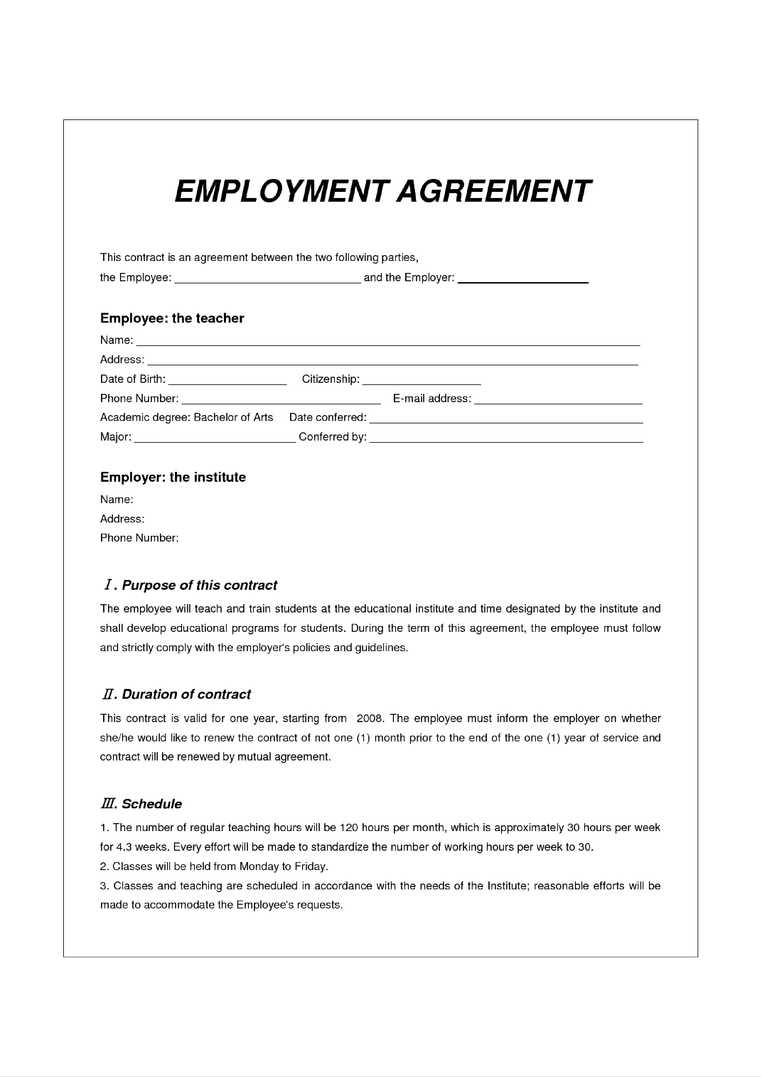 employment agreements cafe modèles