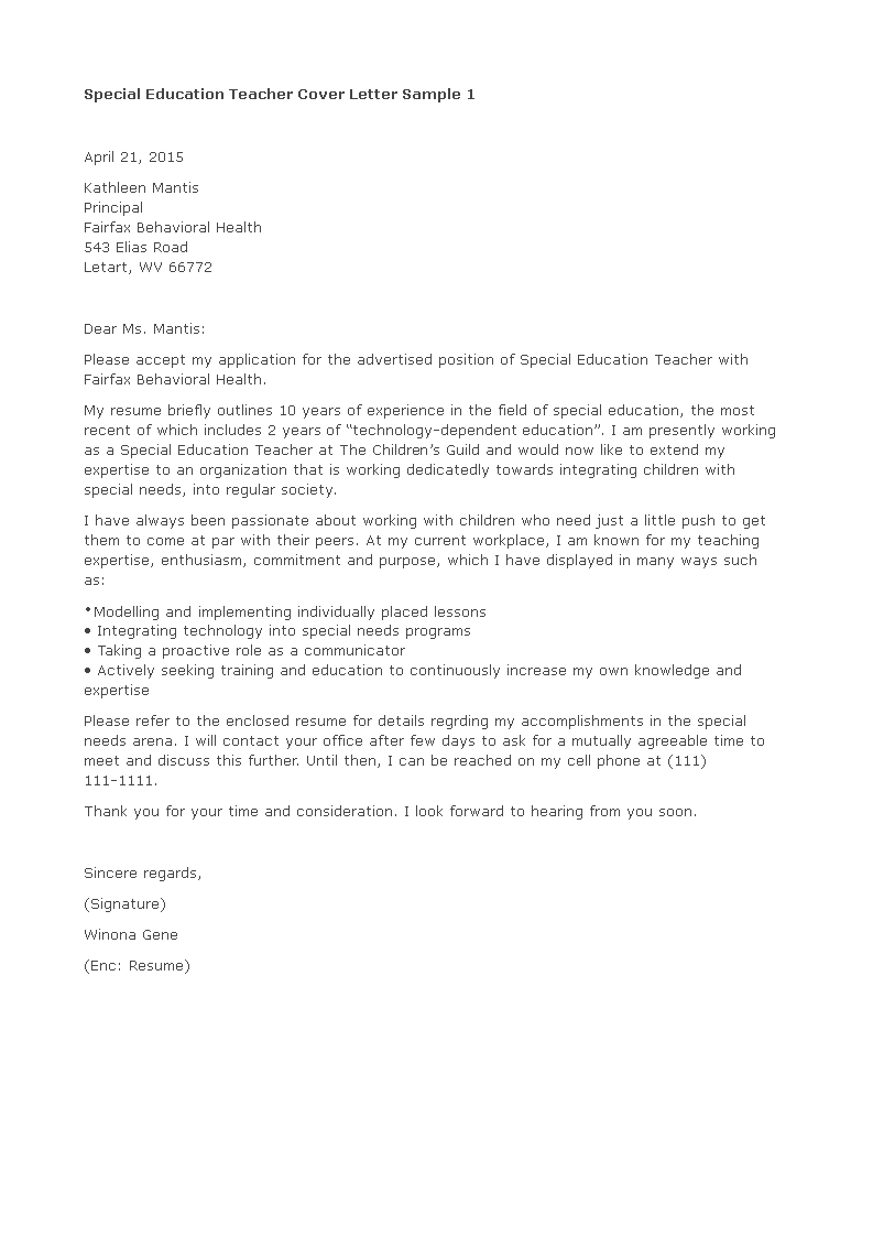 Special Education Resume Cover Letter main image