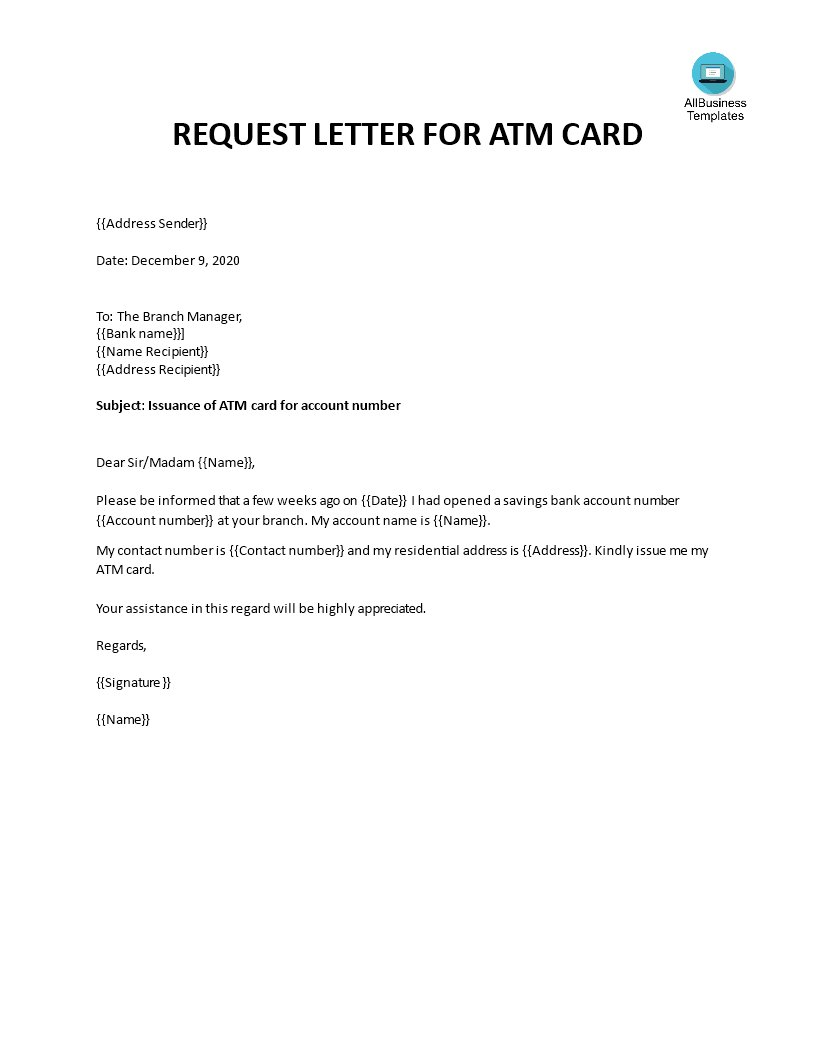 bank atm card application letter