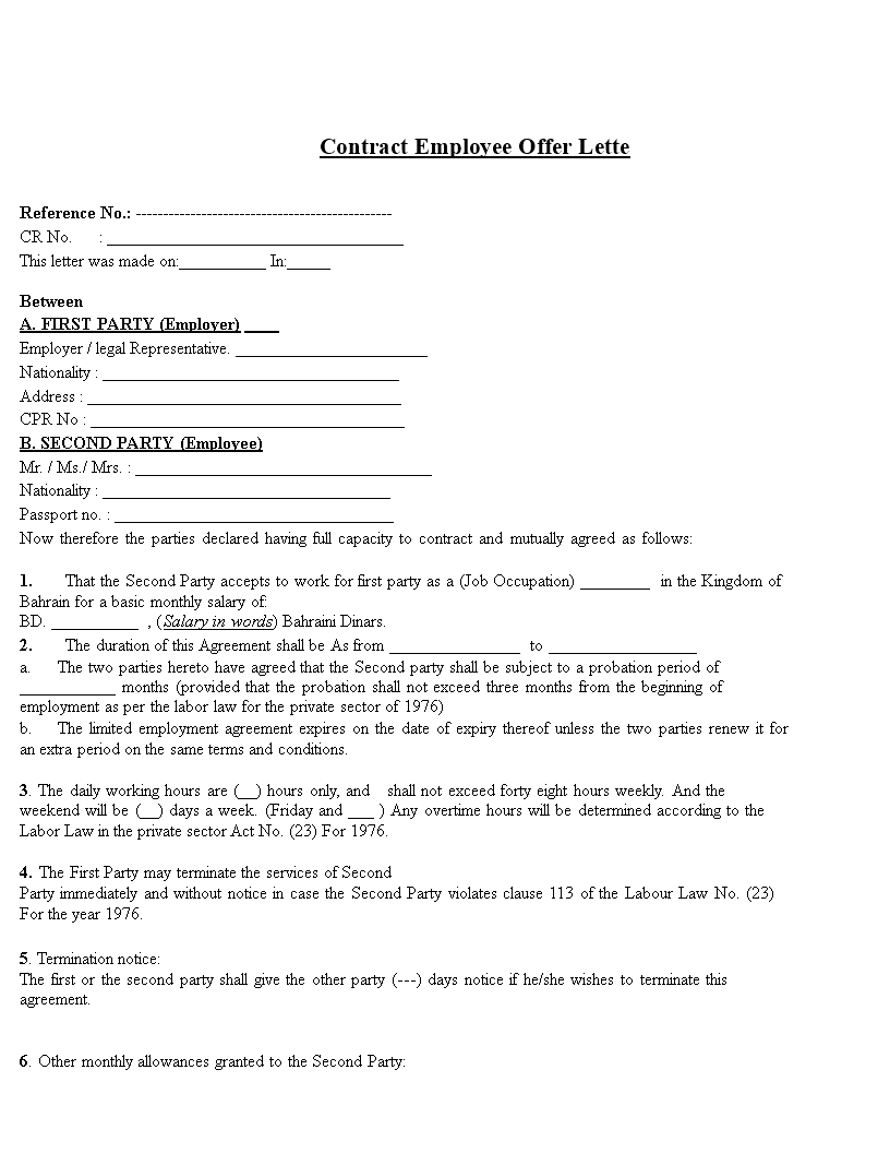 contract employee offer letter template