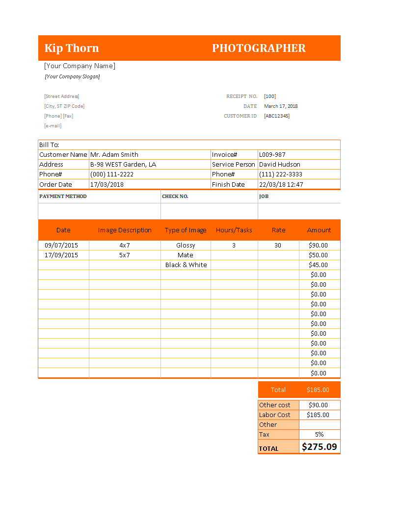 photography receipt in exel template
