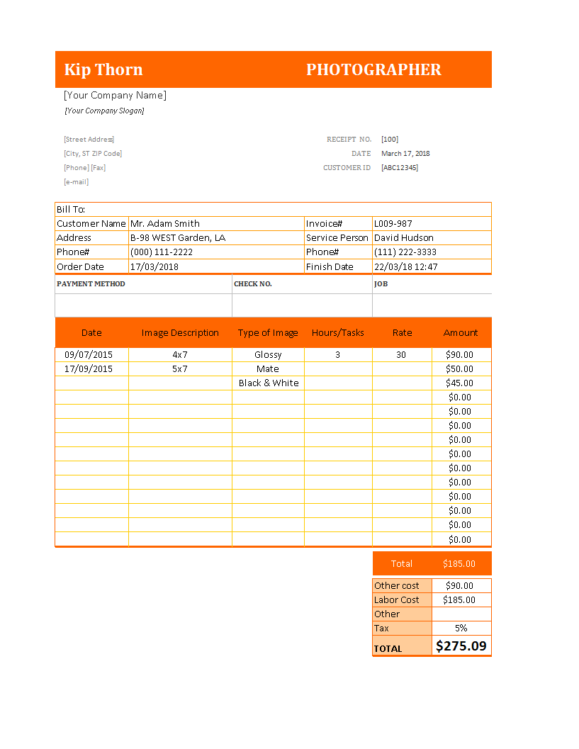 Photography Receipt In Exel 模板