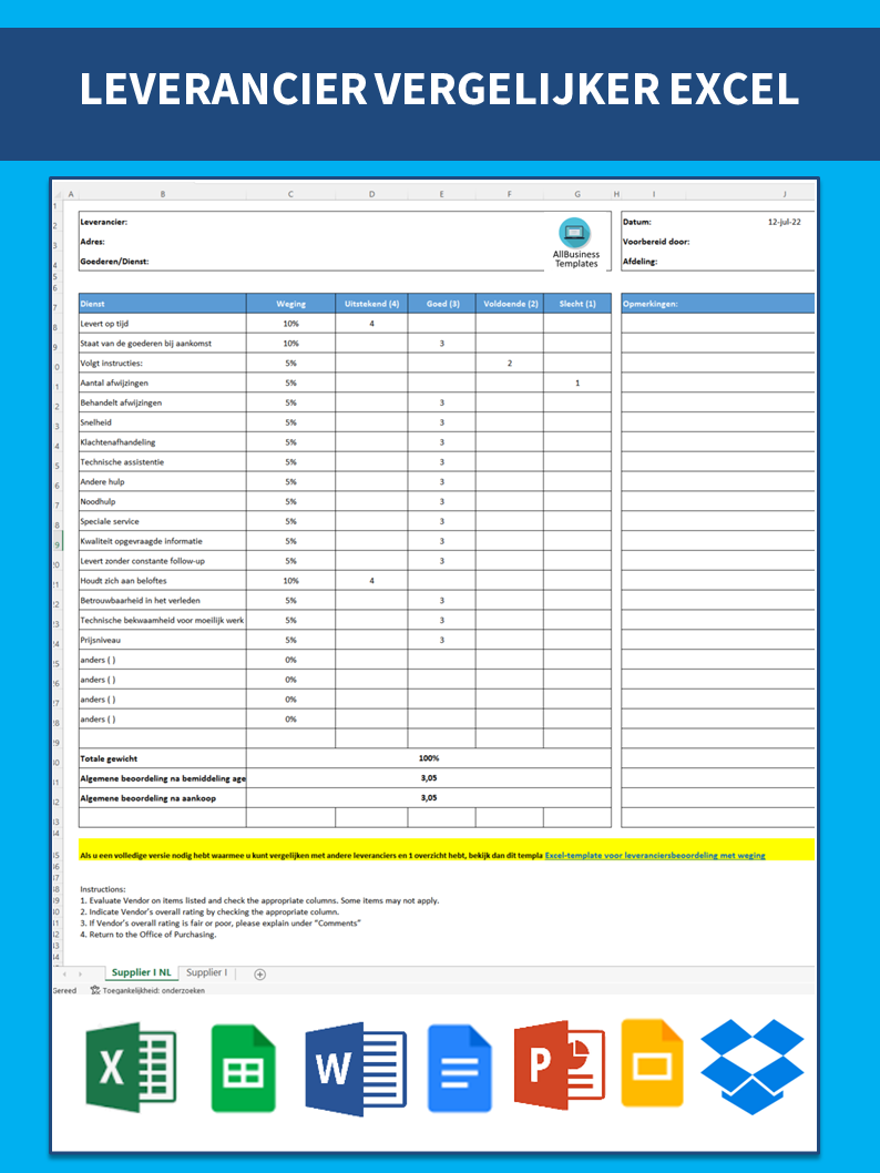 Leveranciersbeoordeling Evaluatie Formulier 模板