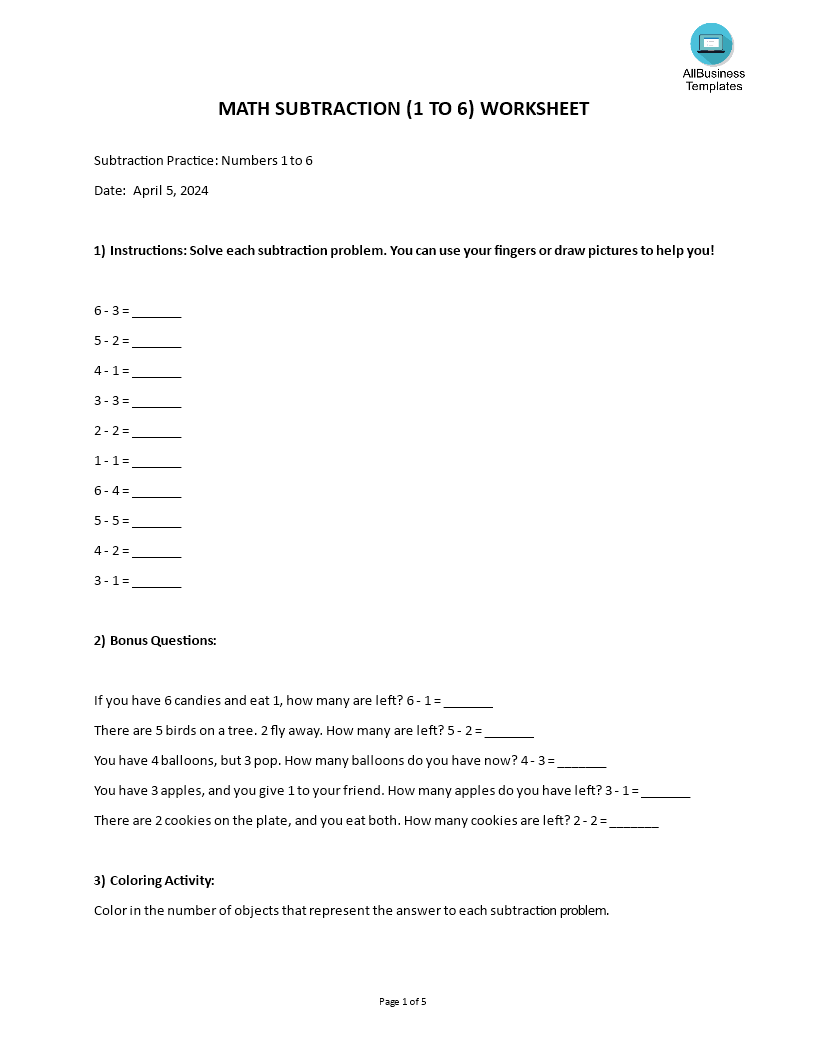 basic math games for kids: addition subtraction template