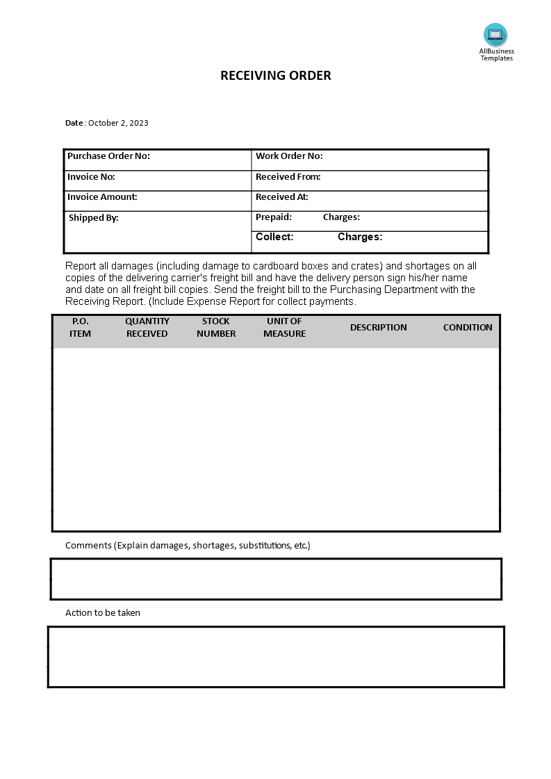 receiving order template template