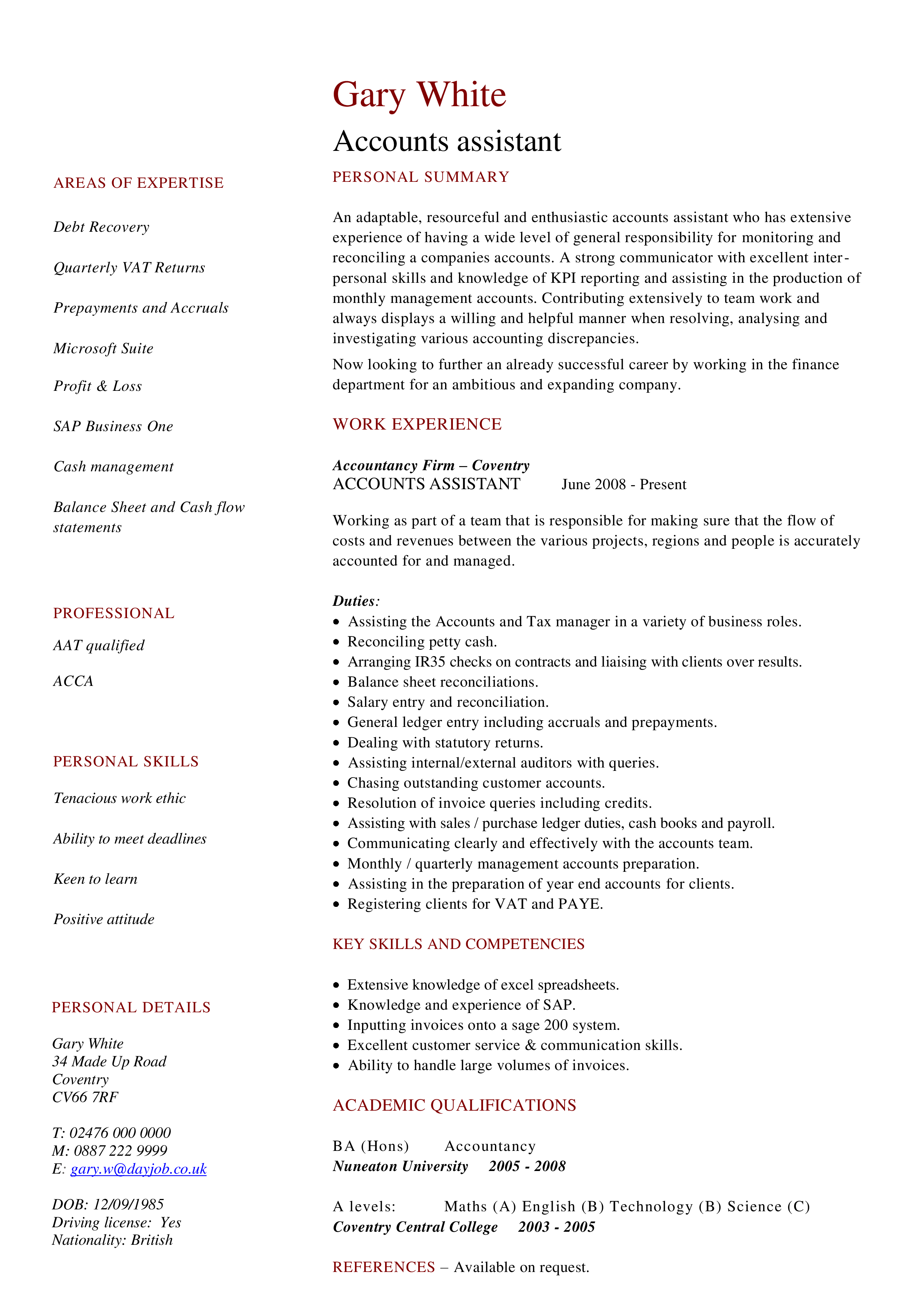 Accounting Assistant Curriculum Vitae main image