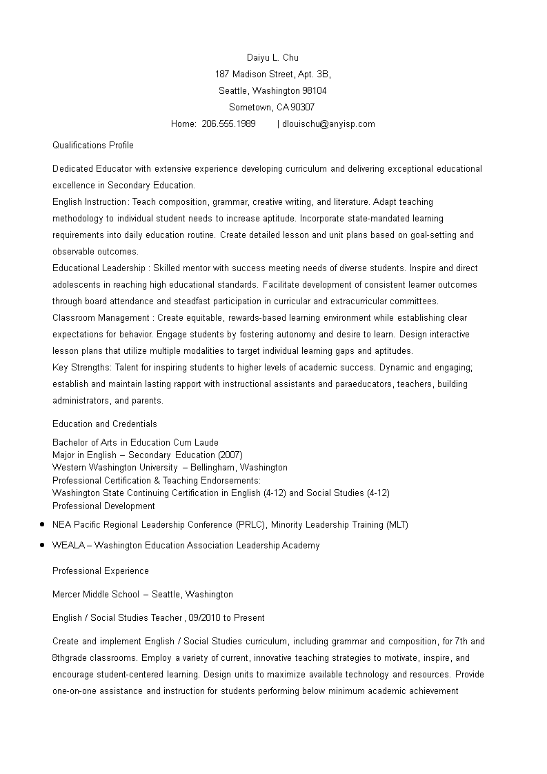 experienced teacher resume format template