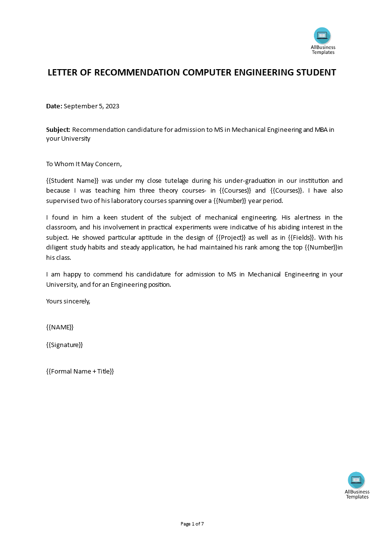 recommendation letter engineering student template