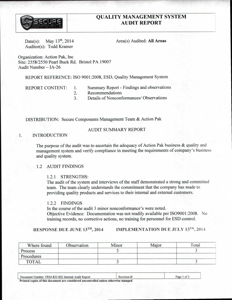 Quality Management System Audit Report 模板