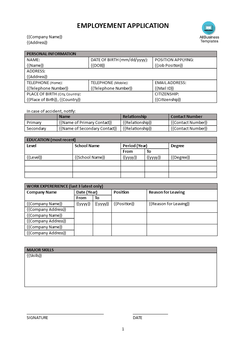 employment application template