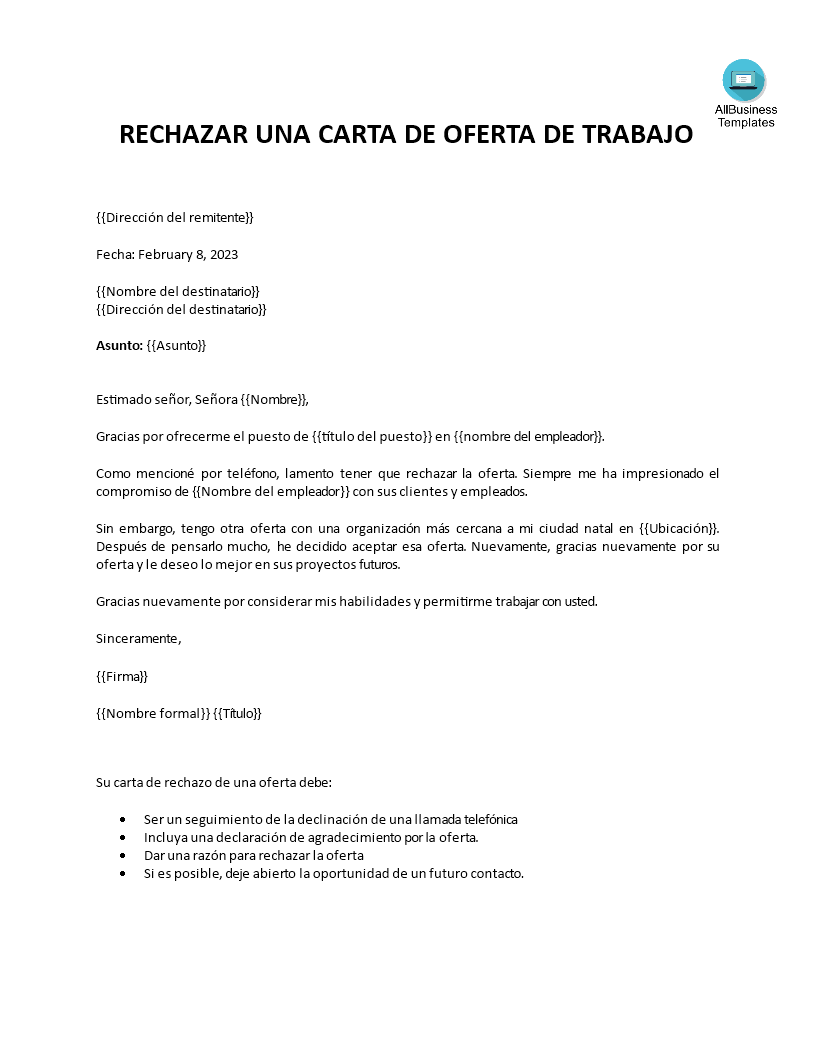 rechazar oferta de trabajo plantilla imagen principal