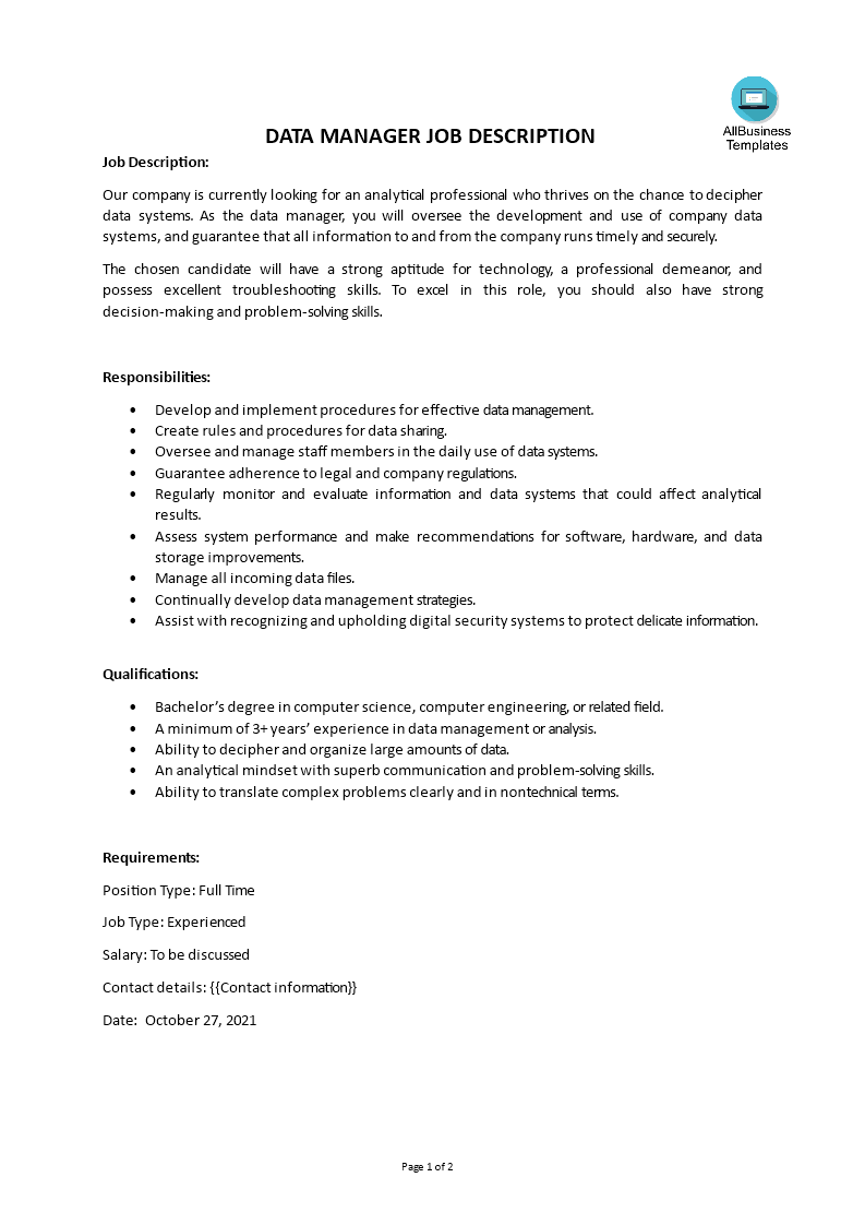 data manager job description voorbeeld afbeelding 