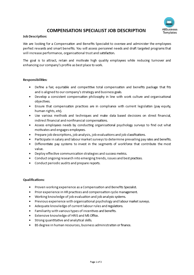 compensation specialist job description modèles