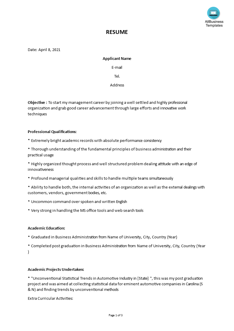 Sample Fresher MBA Resume main image