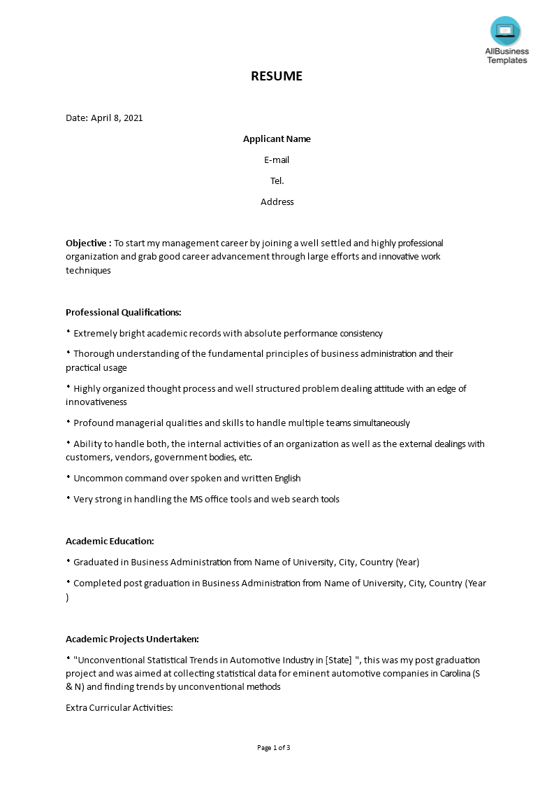 sample fresher mba resume plantilla imagen principal