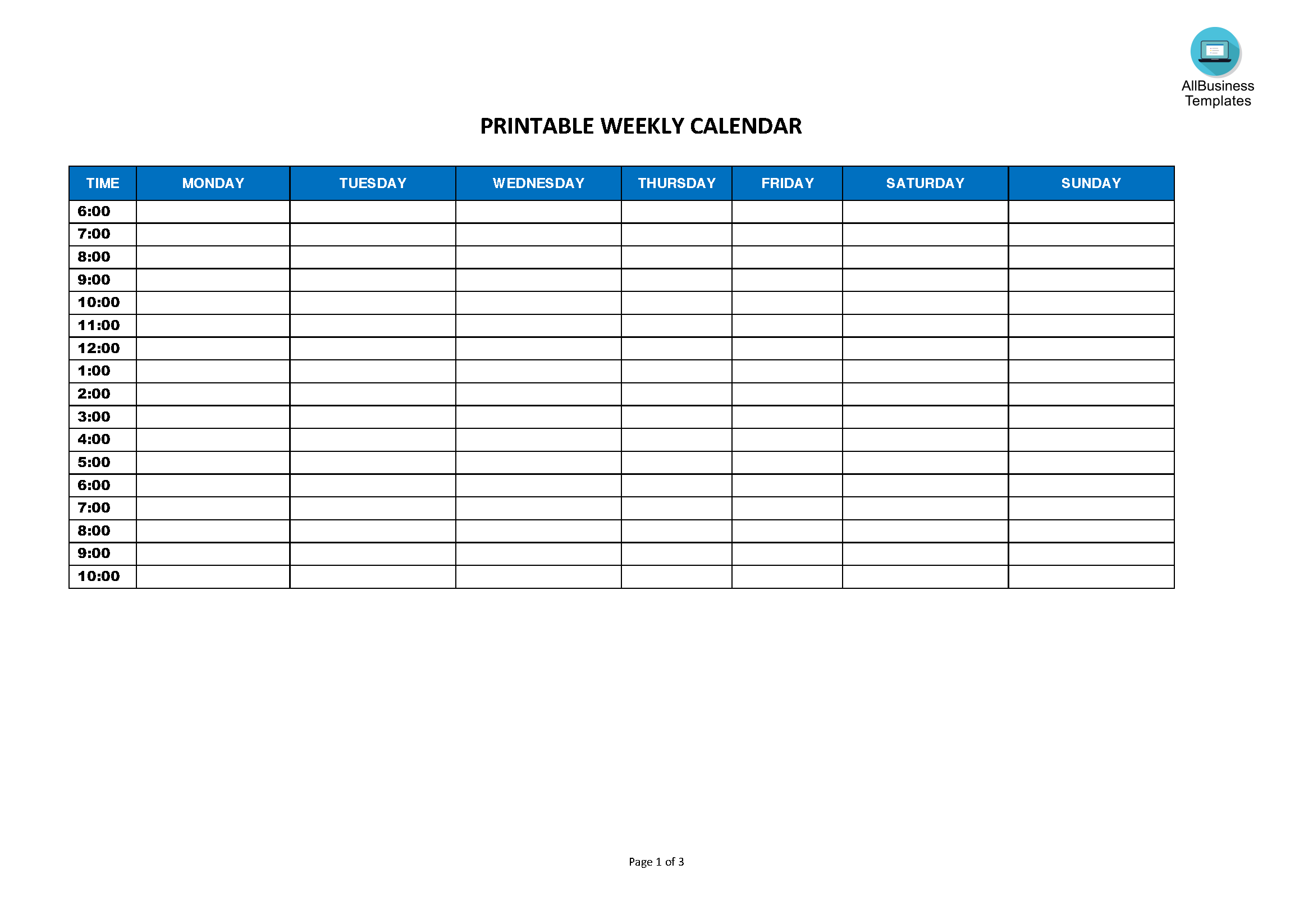 weekly calendar horizontal format Hauptschablonenbild