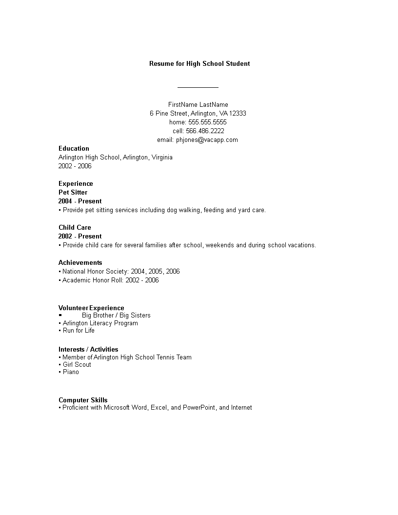 sample resume for high school student Hauptschablonenbild