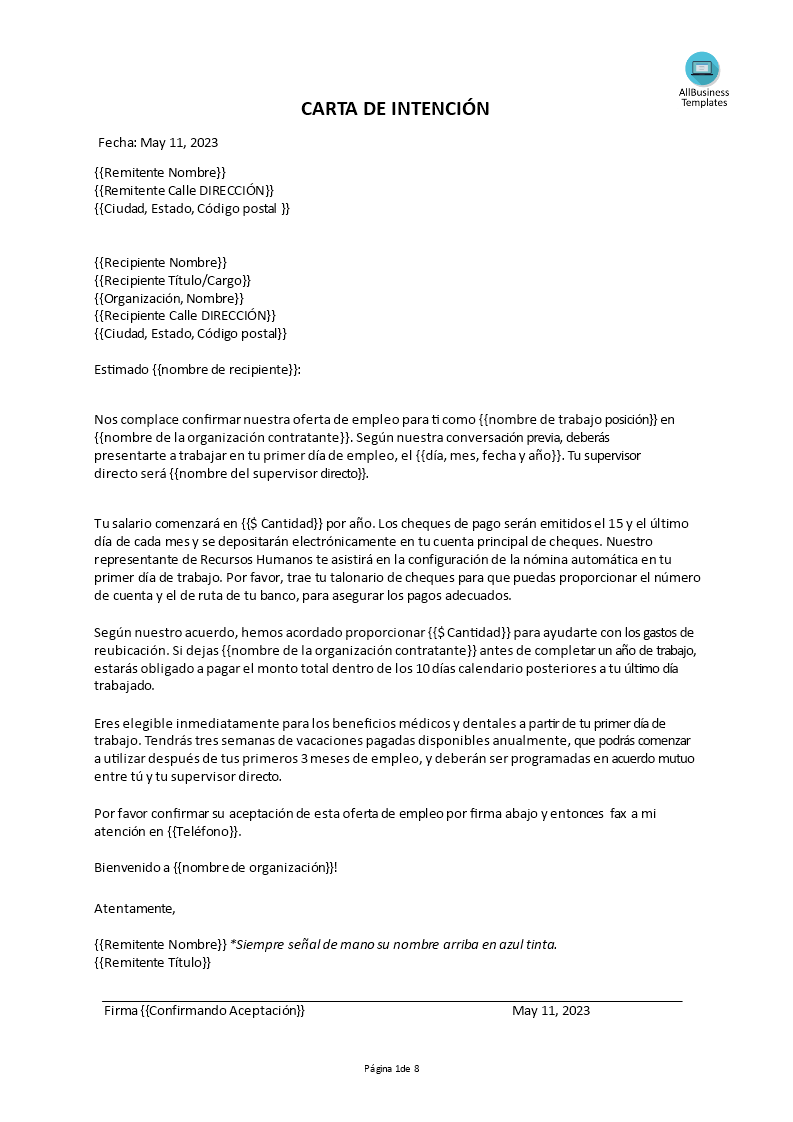 carta de intención de empleo plantilla imagen principal