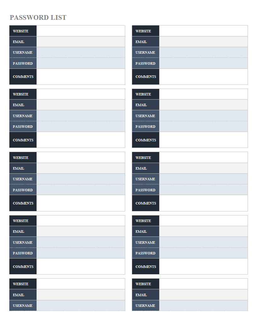 password list template worksheet Hauptschablonenbild