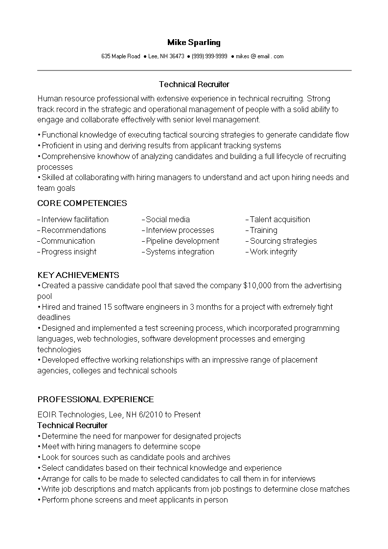 it technical recruiter resume modèles