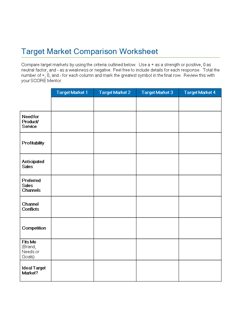 target market comparison worksheet modèles