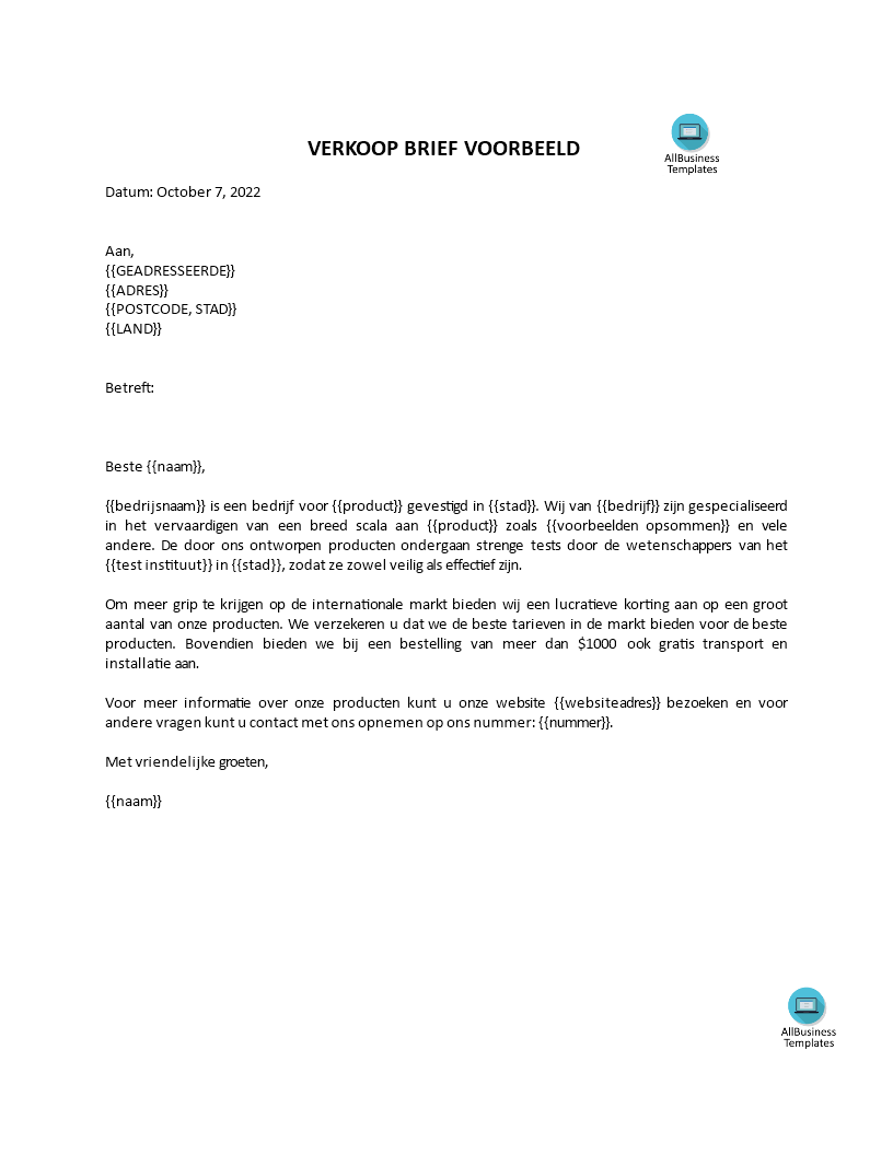 verkoopbrief template voorbeeld afbeelding 