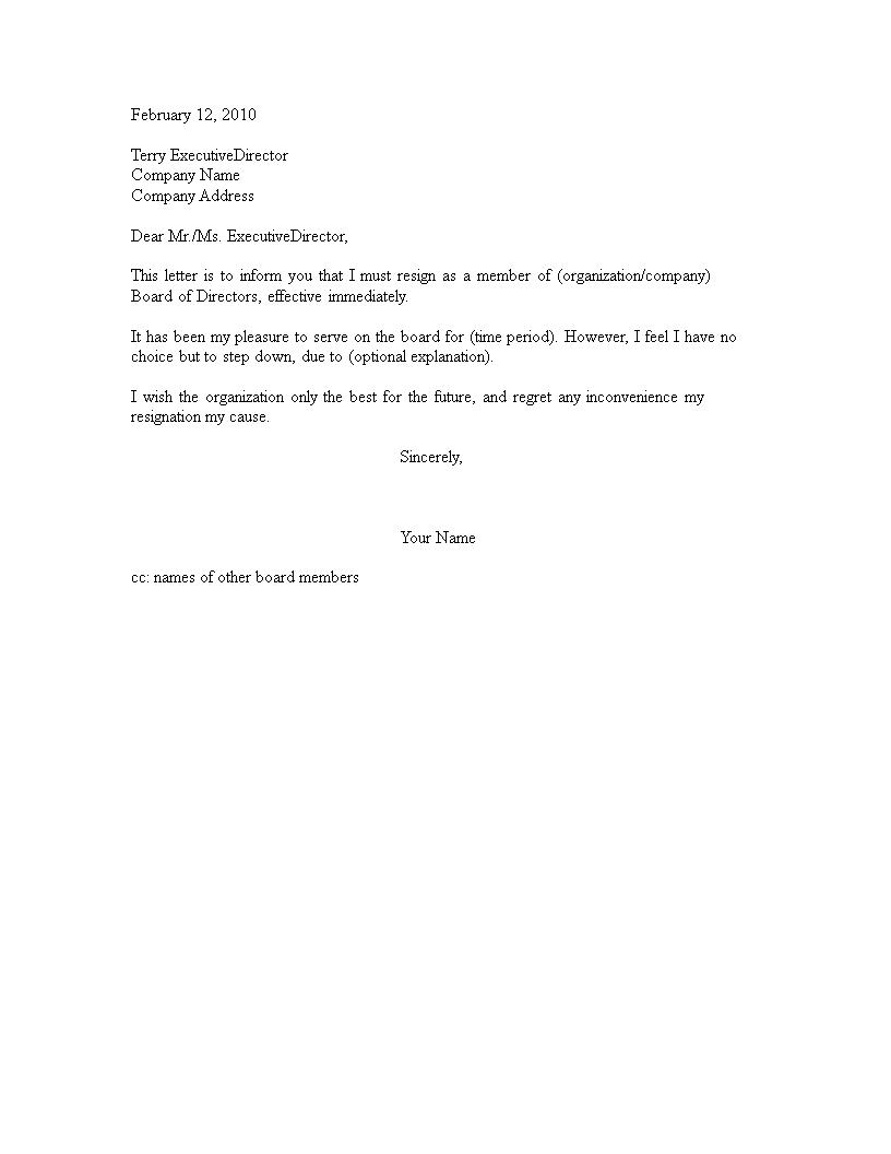 board of director resignation letter template