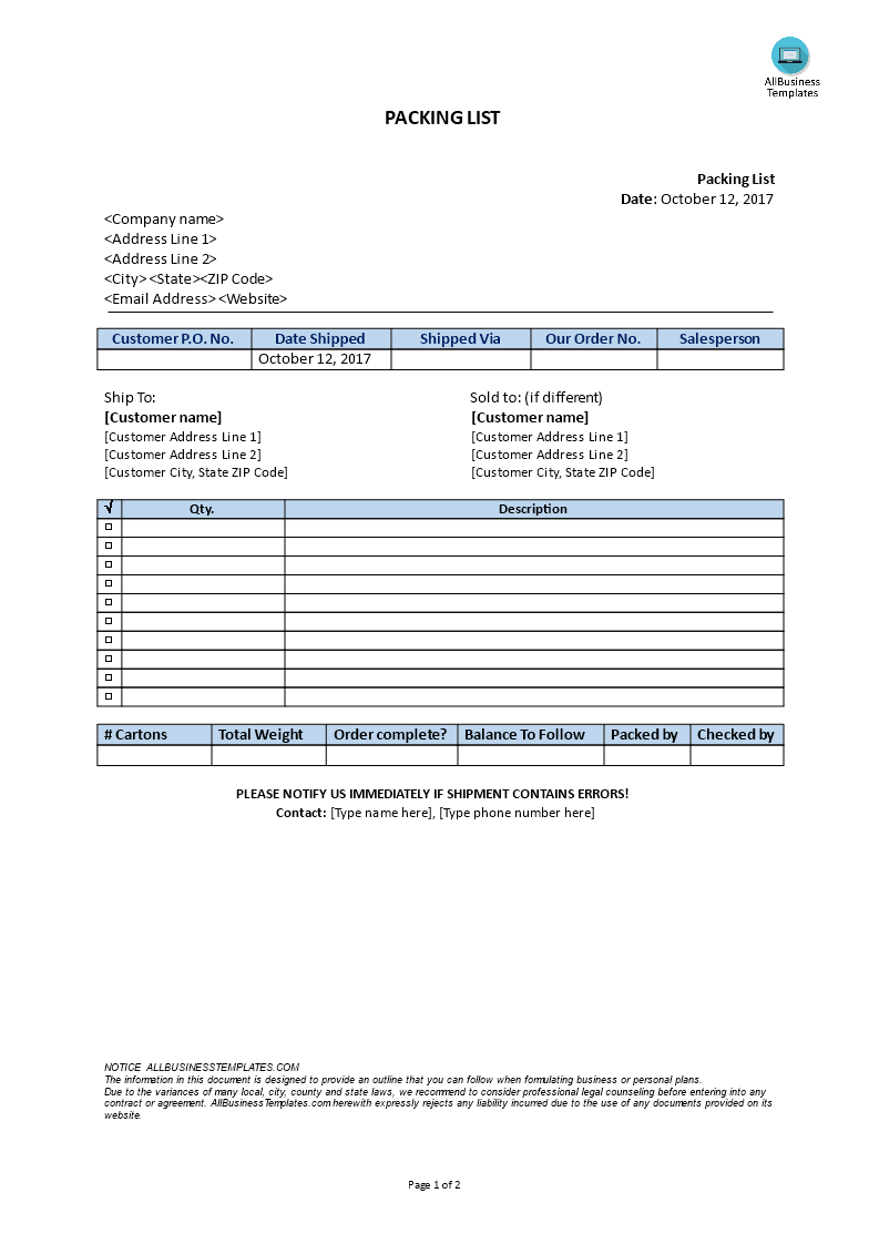 Packing checklist 模板