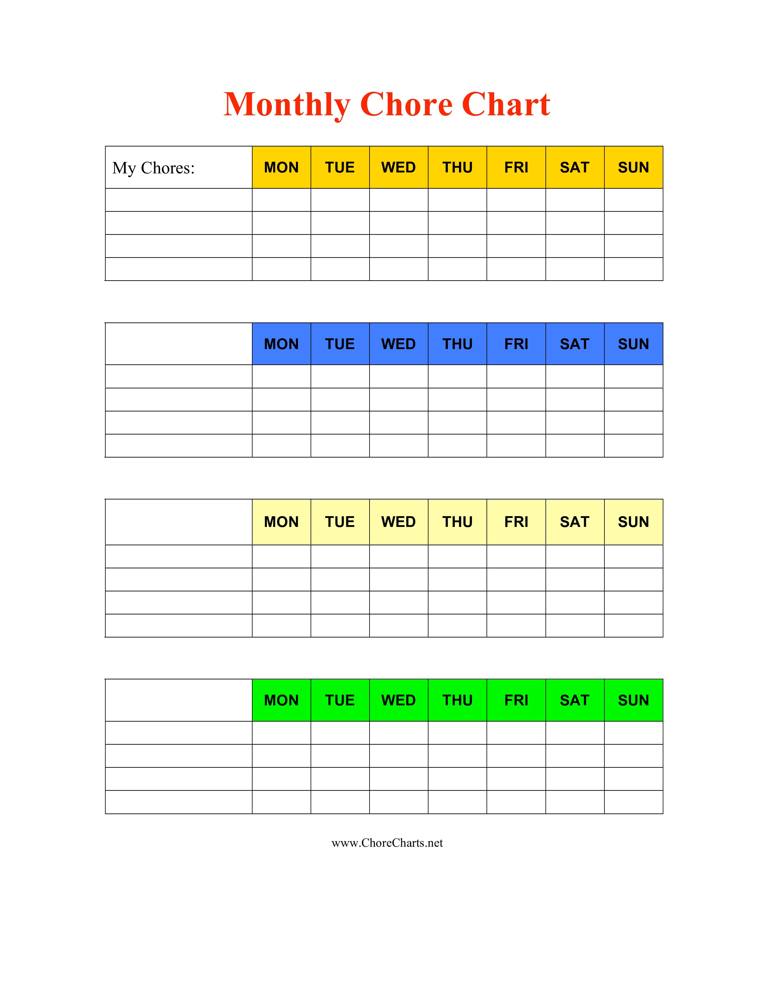 Printable Monthly Chore Chart 模板