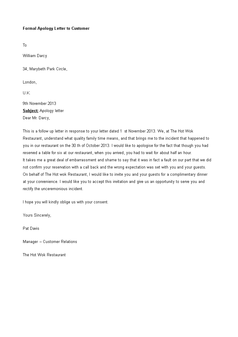 Kostenloses Formal Apology Letter To Customer