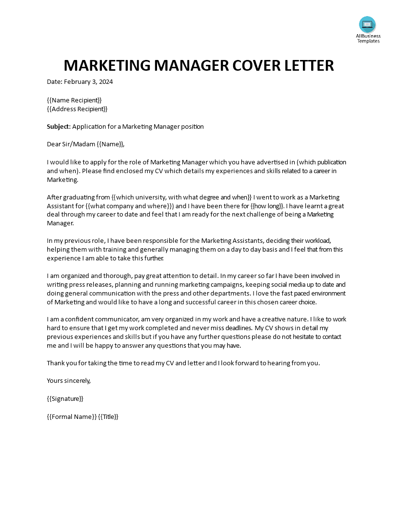 Marketing Manager Cover Letter sample 模板