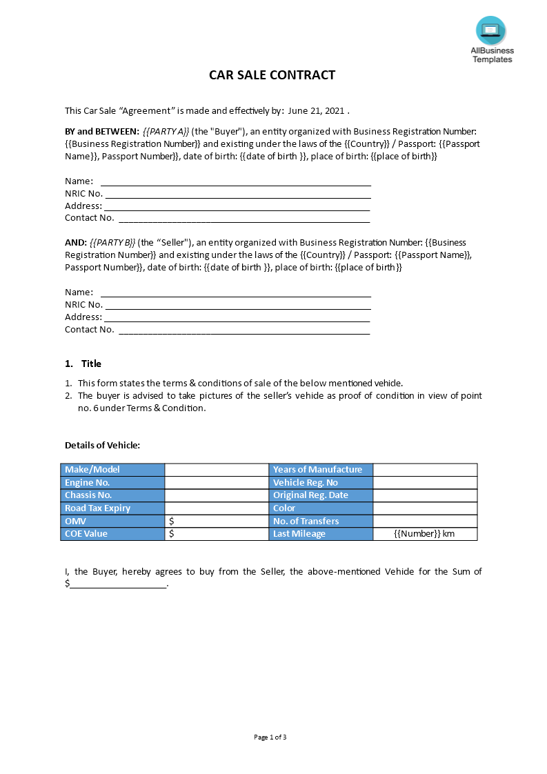 car sale contract template