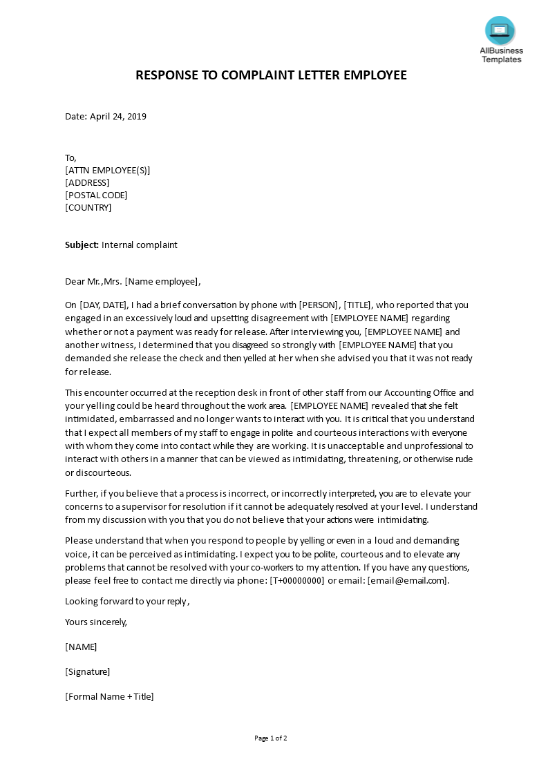 Formal Letter Of Complaint To Employer Template