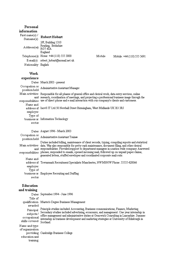 administration assistant manager resume template