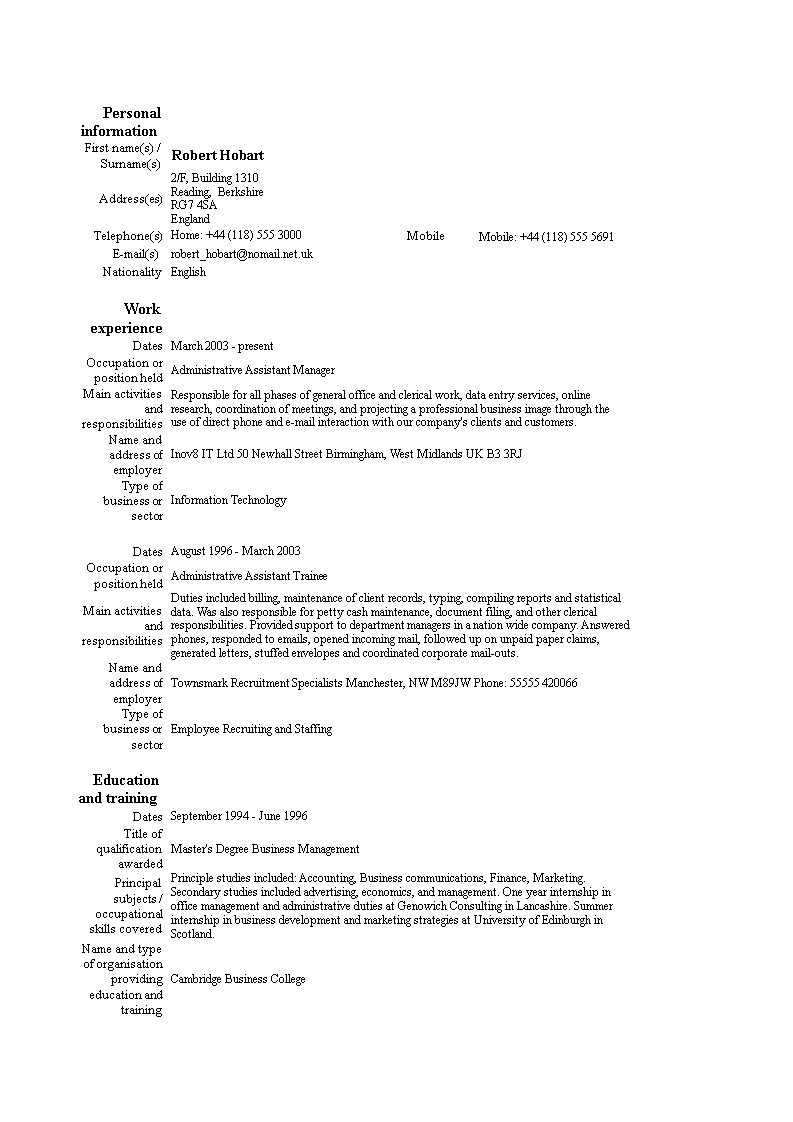 administration assistant manager resume modèles