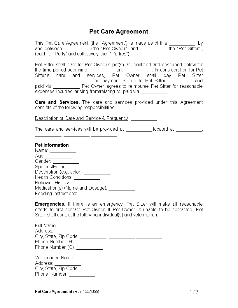 pet care agreement template template