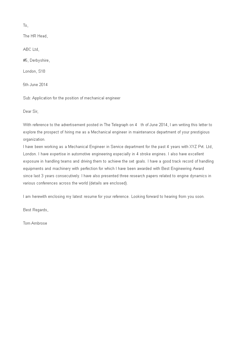 cover letter sample for mechanical engineer resume plantilla imagen principal