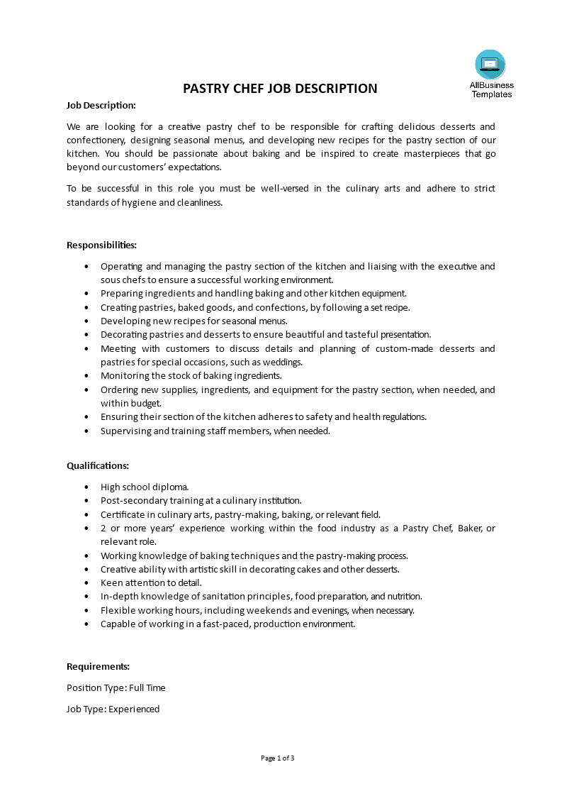 Pastry Chef Job Description main image