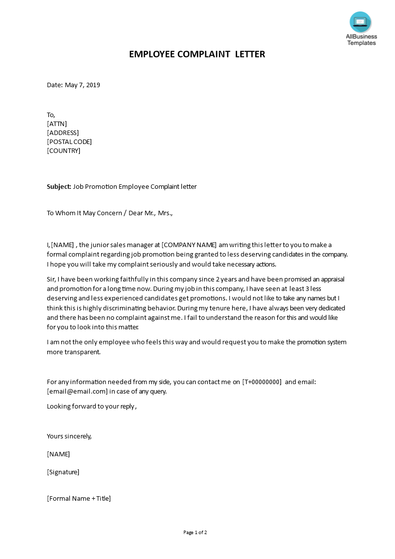 job promotion employee complaint letter template