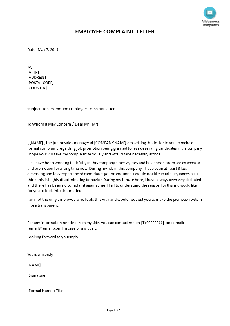 Job Promotion Employee Complaint Letter  Templates at