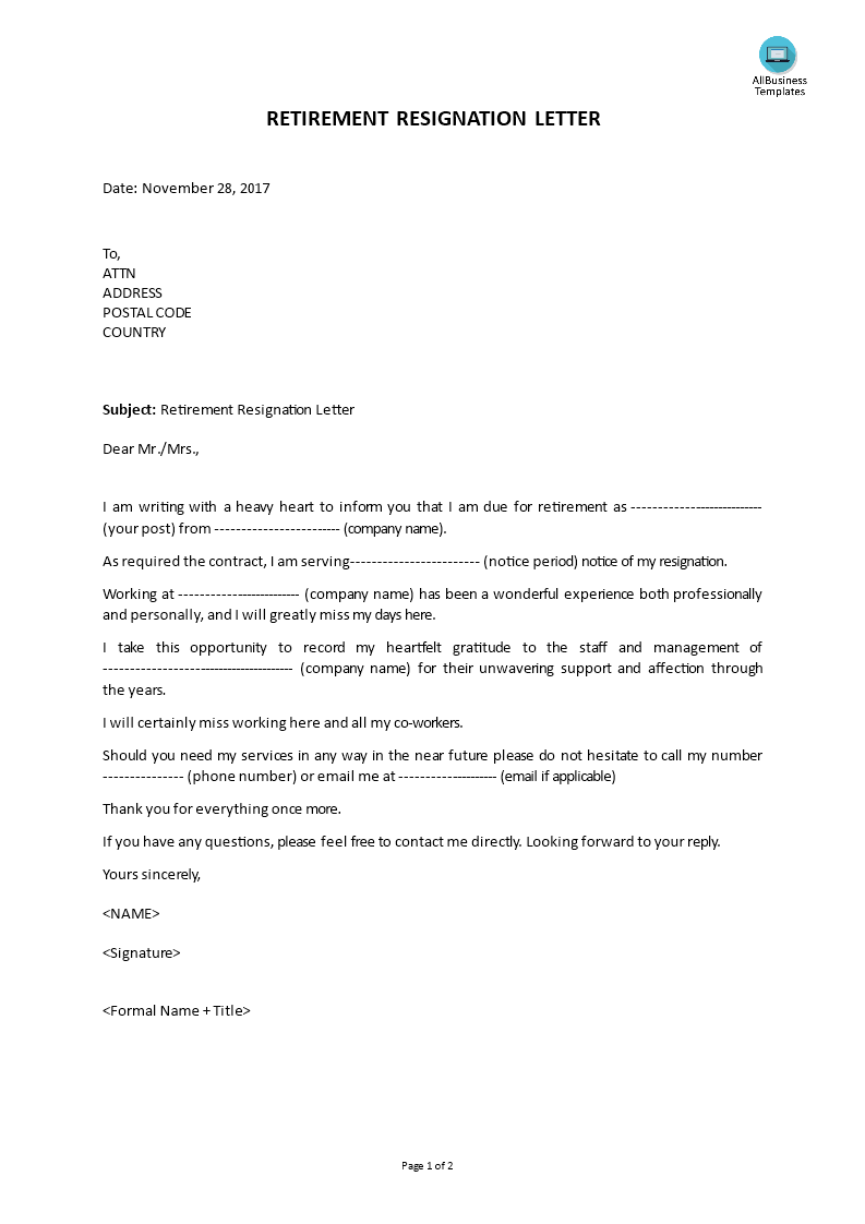 Kostenloses Retirement Resignation Letter template