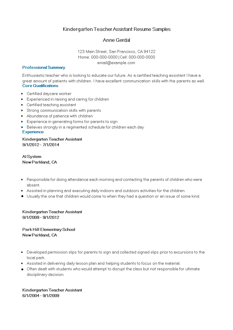 sample resume for kindergarten teacher assistant template