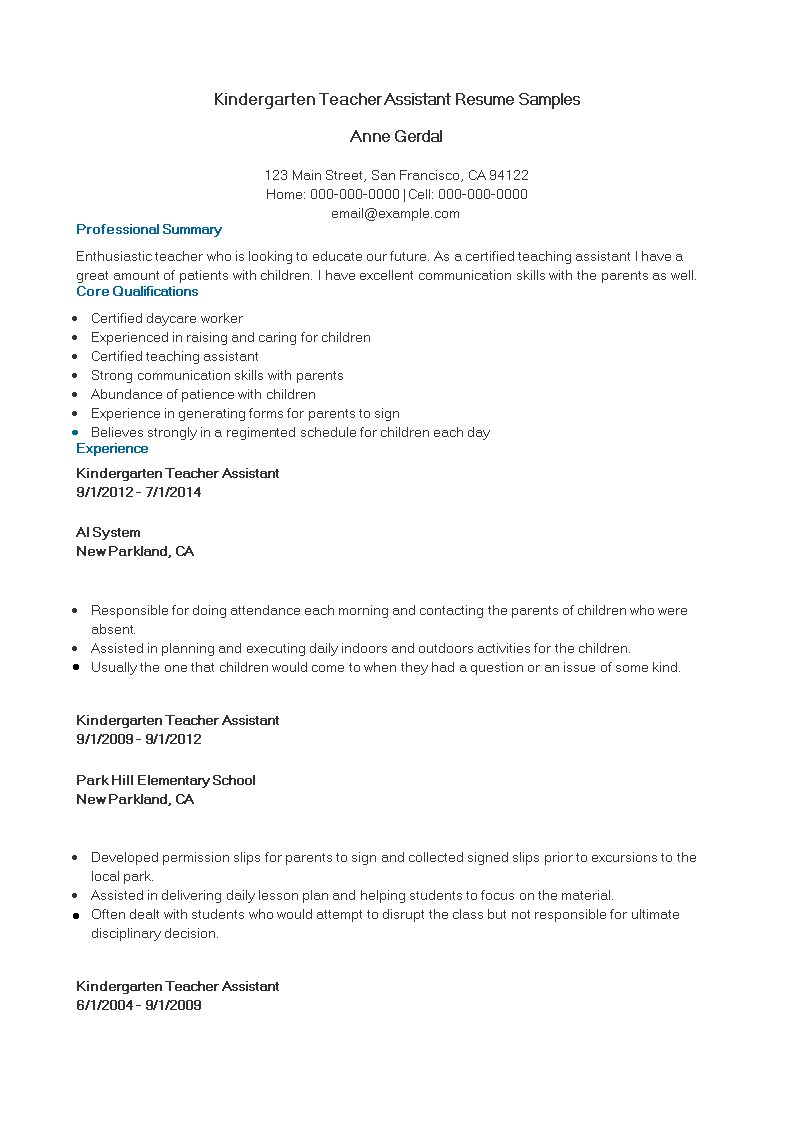 Kostenloses Sample Resume For Kindergarten Teacher Assistant kostenloses-sample-resume-for-kindergarten-teacher-assistant